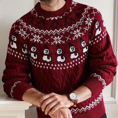 Weihnachtspullover Herren Dunkelrot mit Schneemann & Schneeflocken