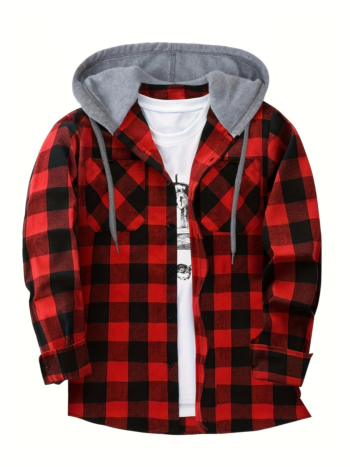 Unisex Kariertes Hemdjacke mit Kapuze Button-Down Langarm Freizeithemd