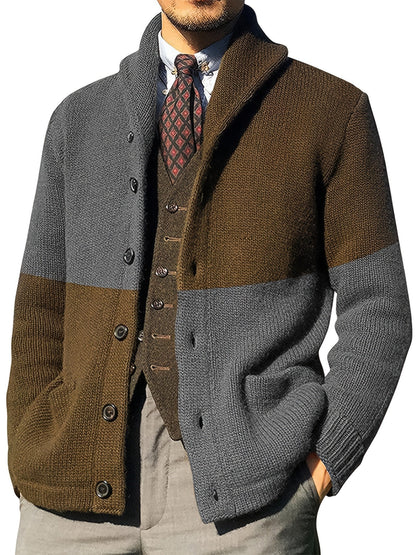 Herren Strickjacke mit Schalkragen, Zweifarbig, Knopfleiste, Lange Ärmel