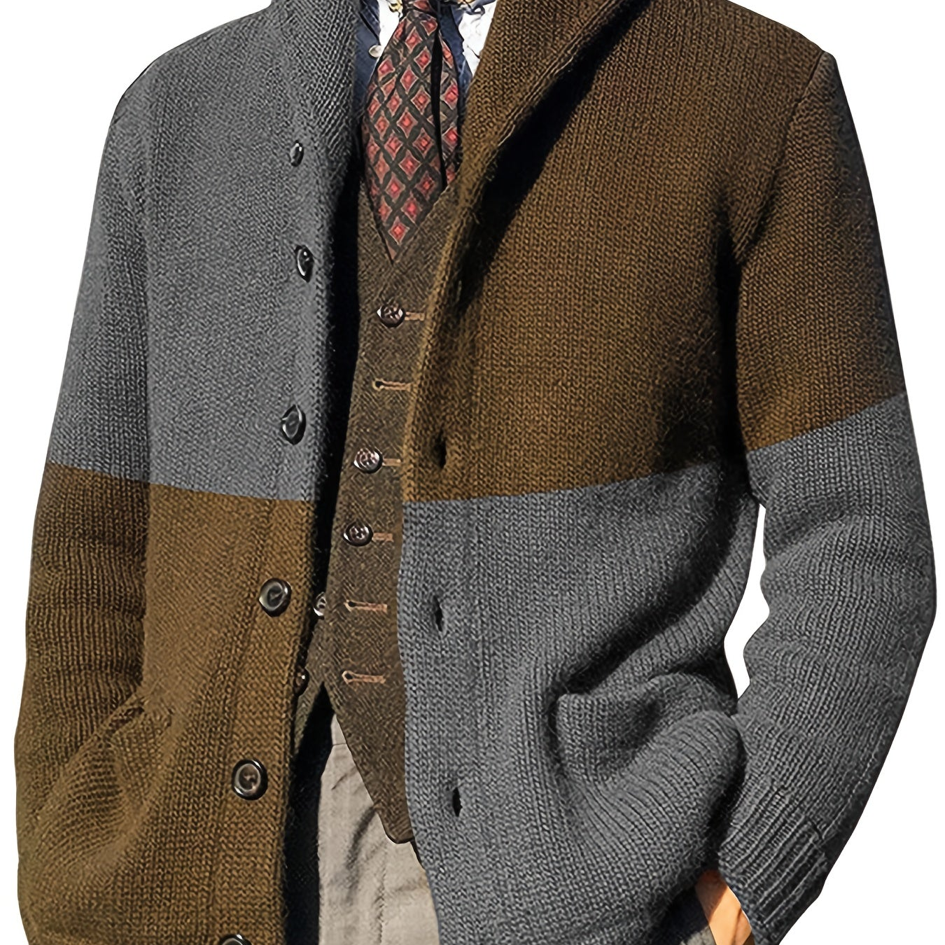 Herren Strickjacke mit Schalkragen, Zweifarbig, Knopfleiste, Lange Ärmel