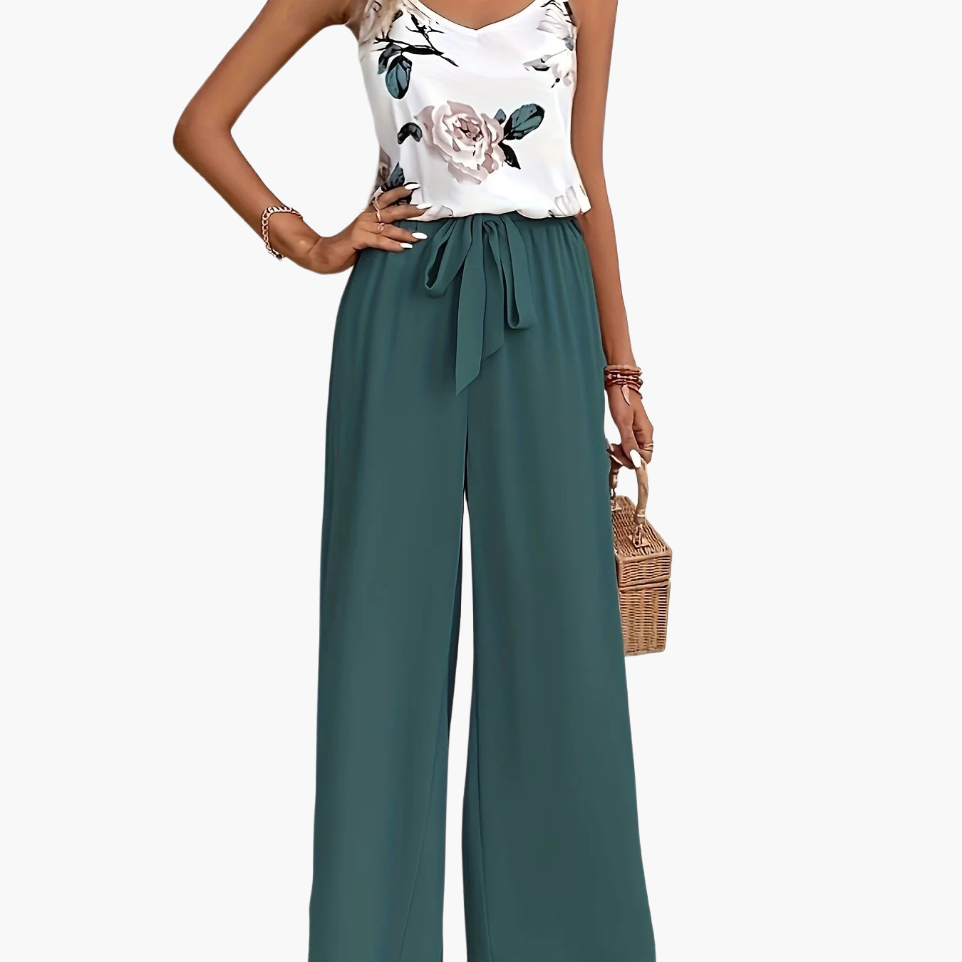 Damen Eleganter Jumpsuit mit Blumenmuster und Bindegürtel – Perfekt für Sommer und Freizeit
