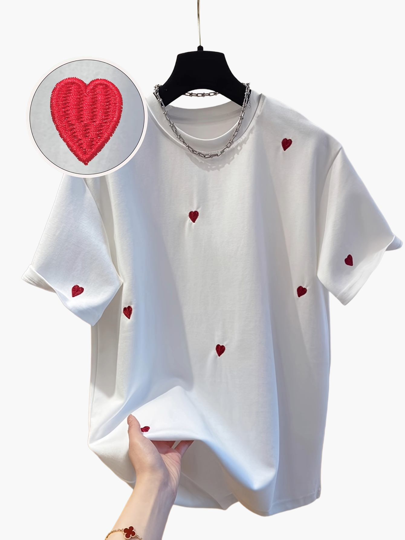 Damen Trendiges T-Shirt mit gestickten Herzen – Streetstyle Casual Kurzarm