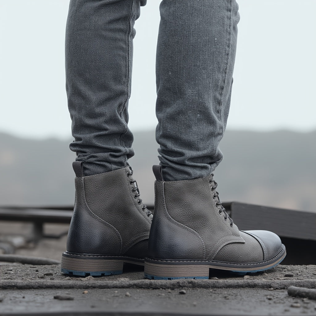 Herren Schnürstiefel Grau mit blauer Sohle, Cap-Toe-Design