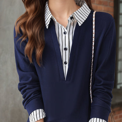Damen Sweatshirt Blusen-Optik Langarm gestreifter Kragen