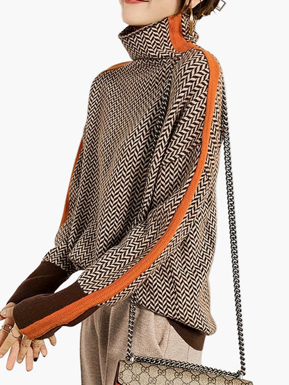 Damen Eleganter Strickpullover mit Stehkragen und modernem Patchwork-Muster – Herbst/Winter Freizeit & Büro