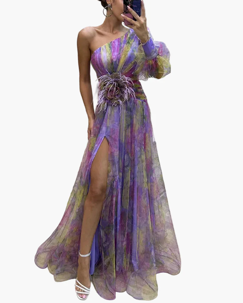 Damen Abendkleid One-Shoulder Maxikleid Elegant mit Schlitz und Federdetails – Perfekt für besondere Anlässe