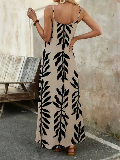 Damen Maxikleid mit Blattmuster – Sommer Boho Style für Freizeit und Strand