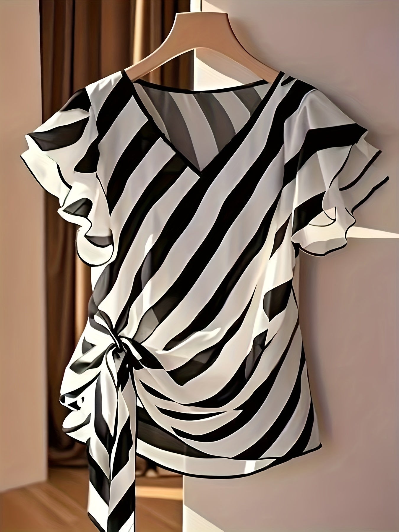Damen Bluse mit Streifenmuster und Volantärmeln – Elegante Wickelbluse für Büro und Freizeit