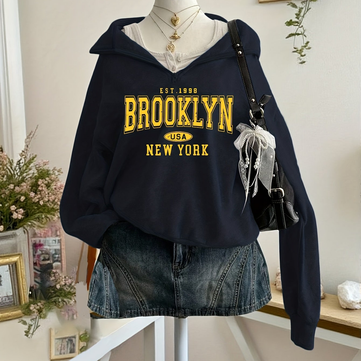 Damen Sweatshirt mit Reißverschluss Brooklyn Print, Langarm und Kragen