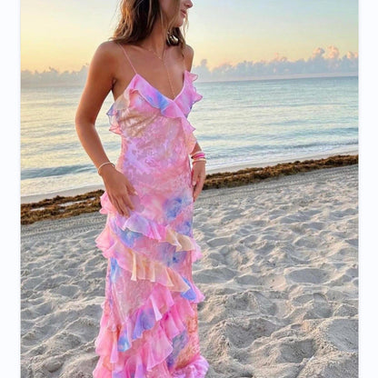 Verspieltes Damen-Strandkleid mit Rüschen und Spaghettiträgern für Sommer & Urlaub