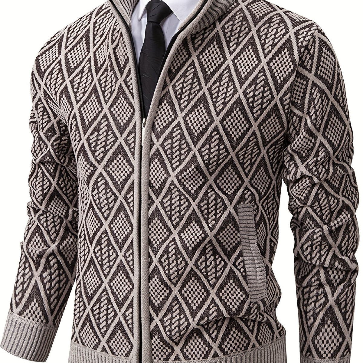 Herren Strickjacke Rautenmuster Stehkragen Reißverschluss Feinstrick Casual