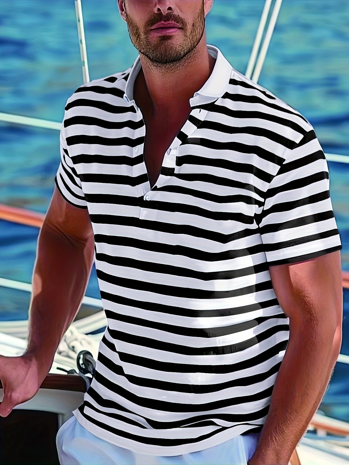 Herren Poloshirt im maritimen Streifen-Look für Freizeit und Segeln – Sommer Casual Polo
