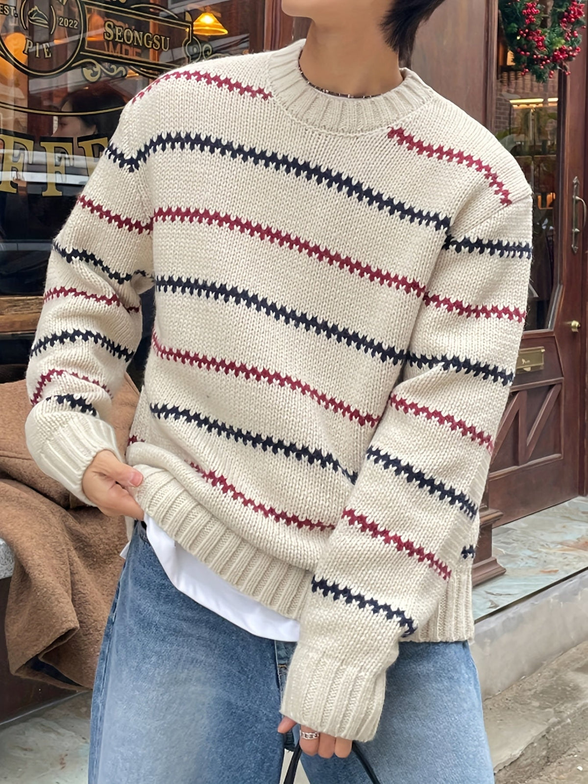 Pullover Herren Strickpullover Rundhals Mehrfarbige Streifen Beige