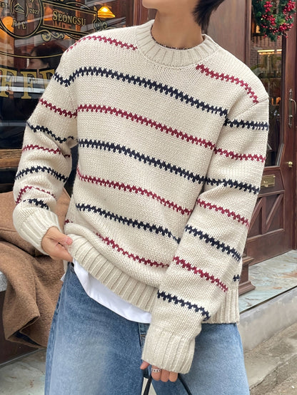Pullover Herren Strickpullover Rundhals Mehrfarbige Streifen Beige