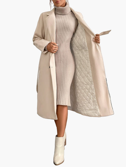 Damen Eleganter Wintermantel mit Gürtel – Langer Veganer Wollmantel für Büro und Alltag