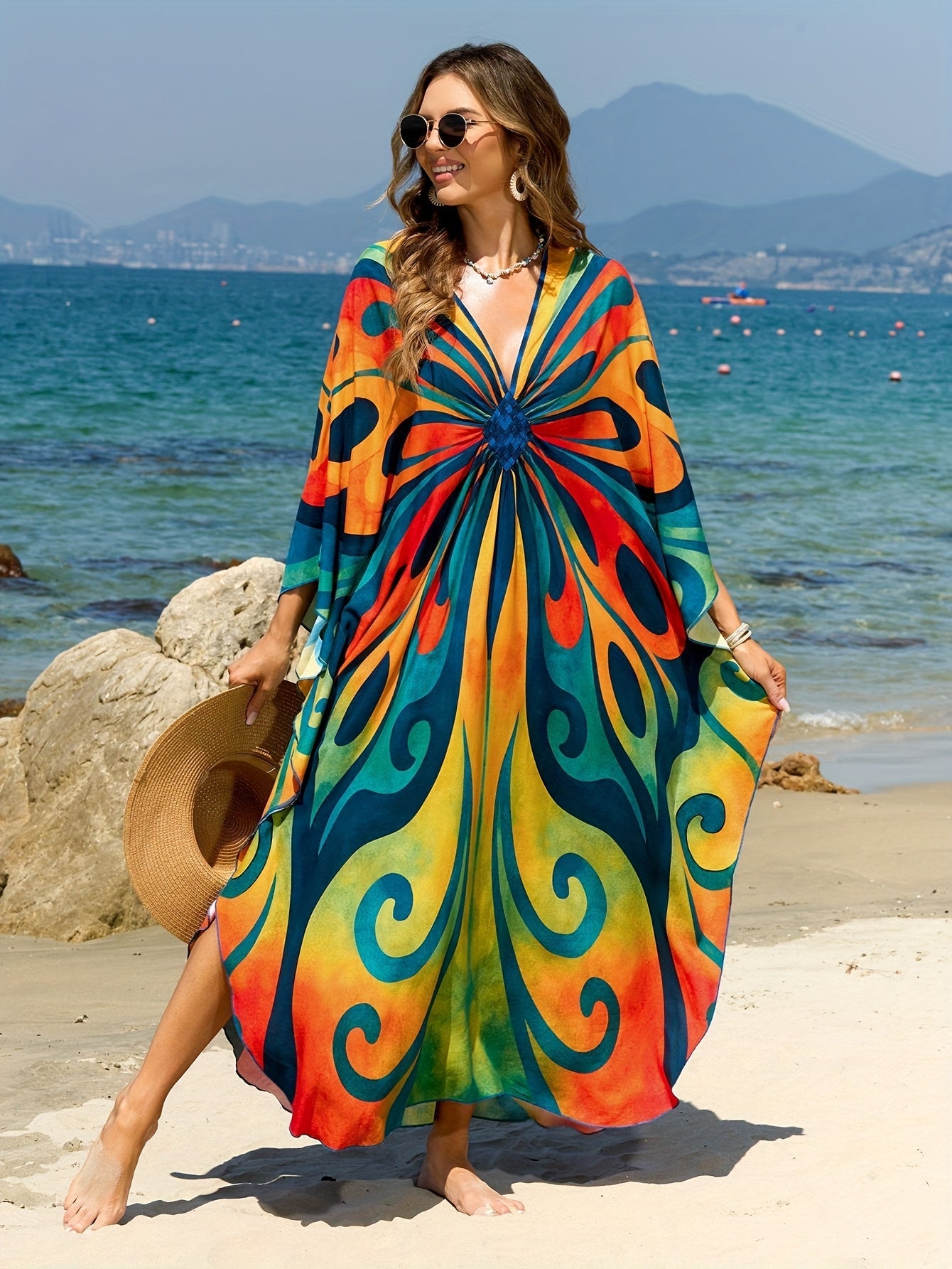 Damen Kaftan Maxi Strandkleid mit Batikmuster – Boho Überwurf für Urlaub & Strand