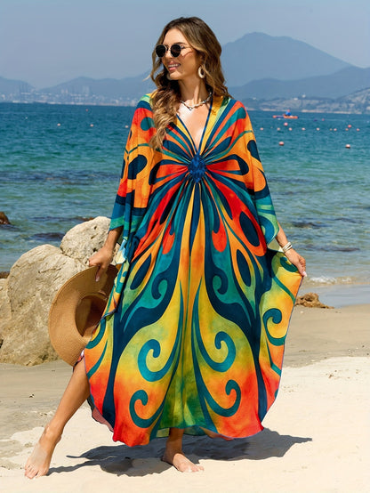 Damen Kaftan Maxi Strandkleid mit Batikmuster – Boho Überwurf für Urlaub & Strand