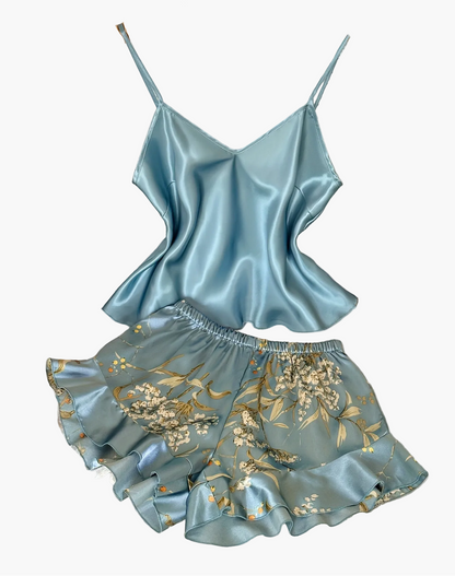 Damen Satin Pyjama Set mit Blumenmuster – Elegantes Schlafanzug-Set für Sommer & Alltag