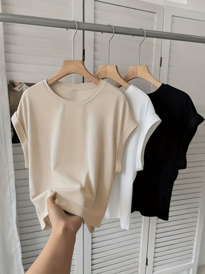 Damen Basic T-Shirt mit Aufschlagärmeln – Moderner Freizeitstil für Alltag und Büro
