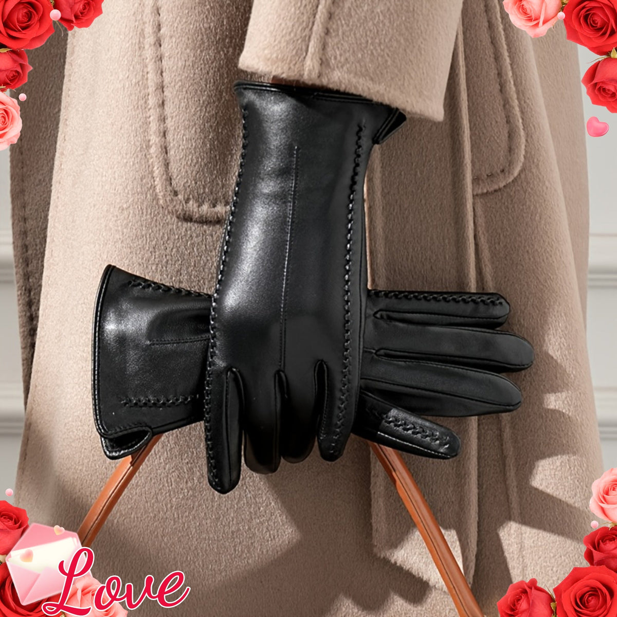 Damen Handschuhe Schwarz mit Ziernähten