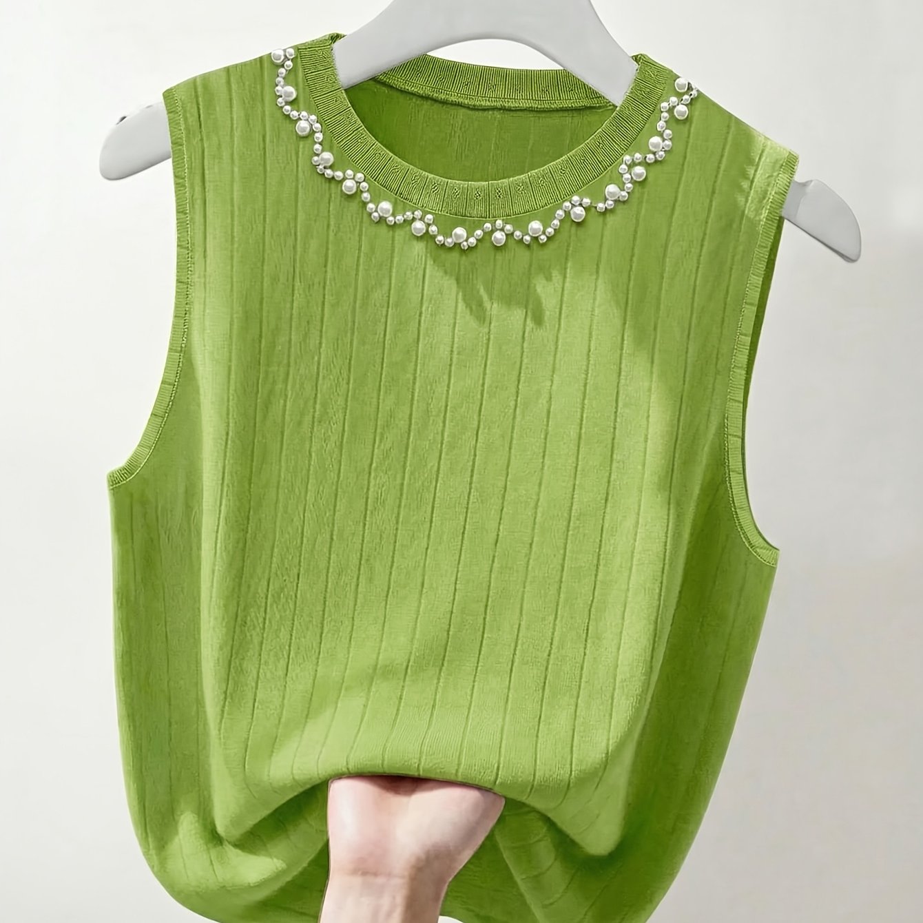 Damen Elegantes Stricktop mit Perlenbesatz – Ärmelloses Oberteil für modische Anlässe