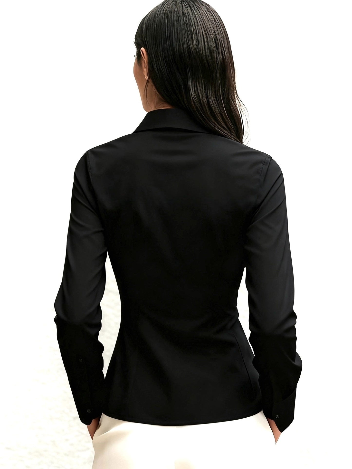 Damen Hemdbluse Tailliert mit Falten Knopfleiste Langarm