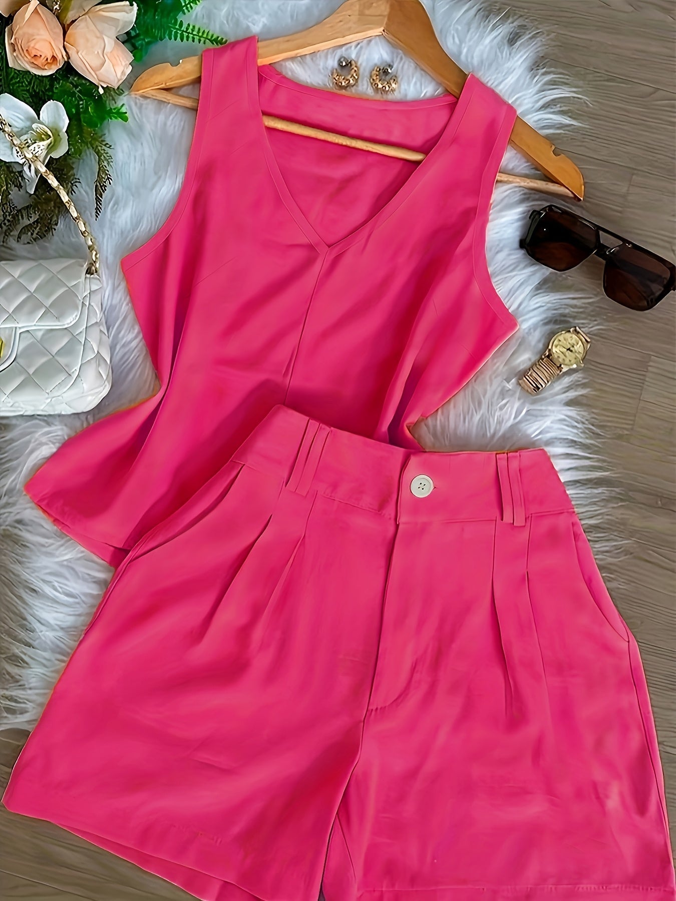 Damen Zweiteiliges Set mit V-Ausschnitt Top und High-Waist Shorts – Eleganter Freizeit-Look