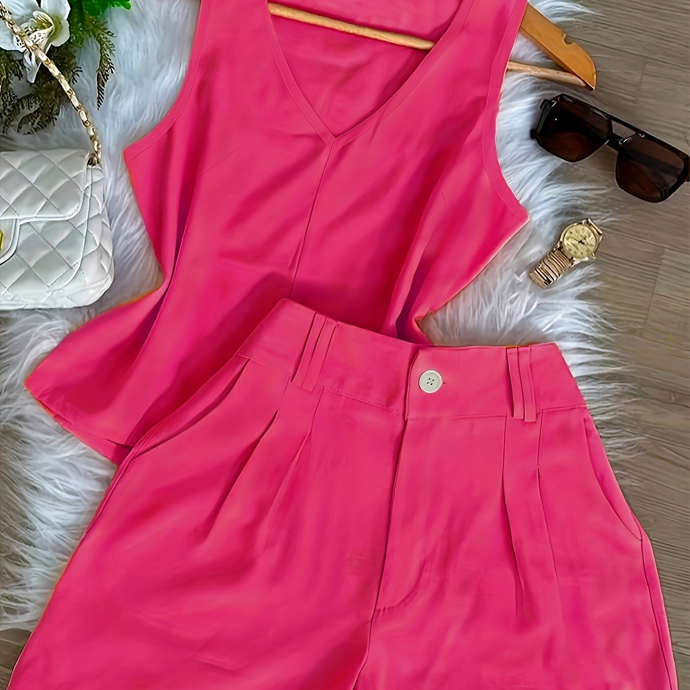 Damen Zweiteiliges Set mit V-Ausschnitt Top und High-Waist Shorts – Eleganter Freizeit-Look