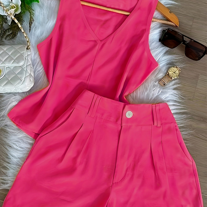 Damen Zweiteiliges Set mit V-Ausschnitt Top und High-Waist Shorts – Eleganter Freizeit-Look