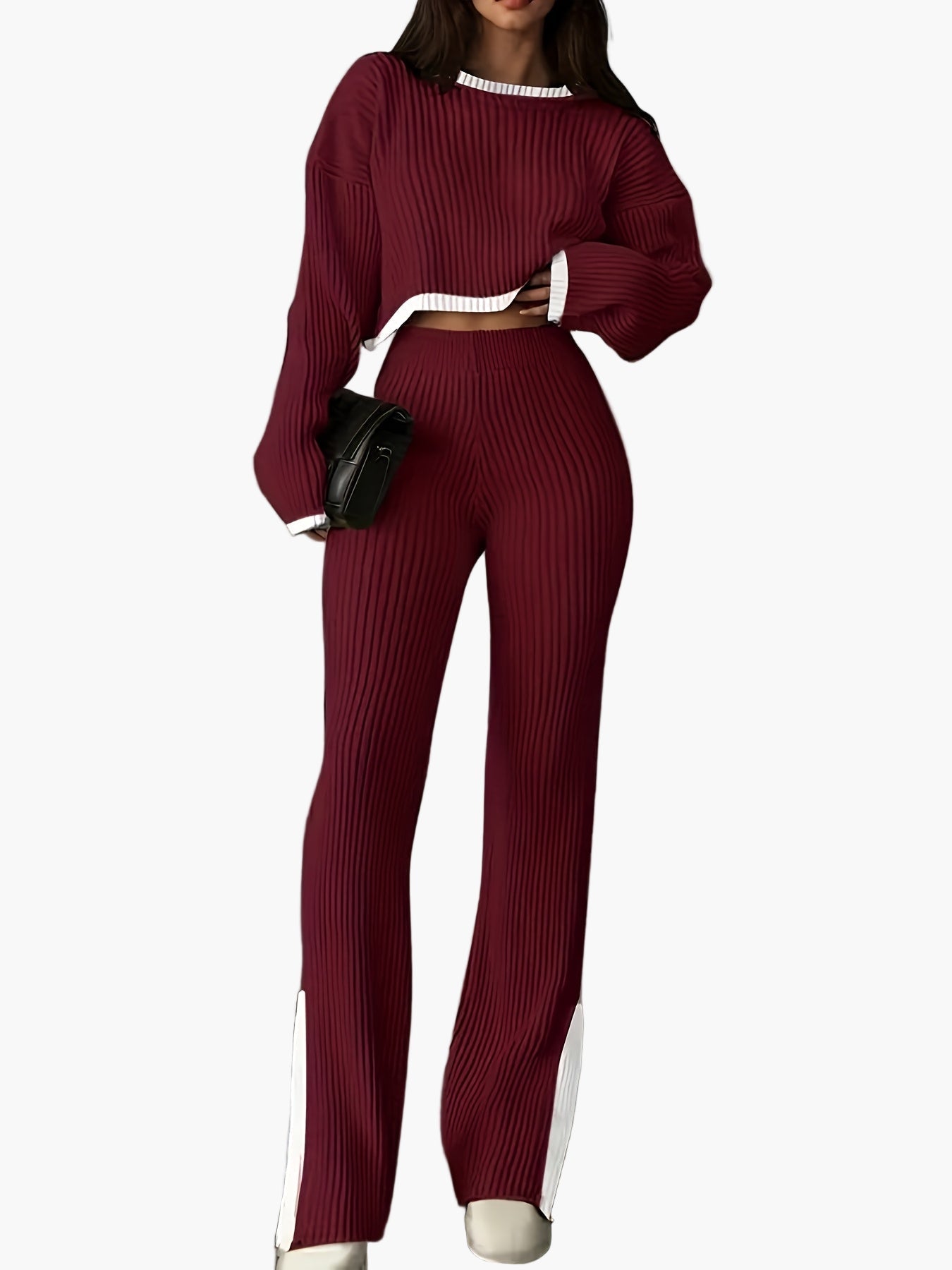 Damen Elegantes Strickset mit weitem Bein – Perfekt für Herbst und Winter, modischer Zweiteiler mit Pullover und Hose