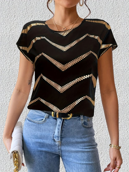 Damen Elegantes Party Shirt mit Glänzendem Zickzack-Muster – Stilvolles Kurzarm Top für Freizeit und Ausgehen