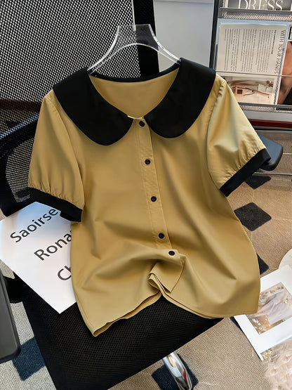 Damen Bluse mit kontrastierendem Kragen im Vintage-Stil – Elegante Freizeitmode für Büro und Alltag