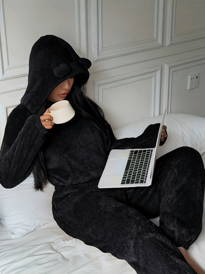 Damen Loungewear Set flauschig mit Hoodie Ohren und Jogginghose
