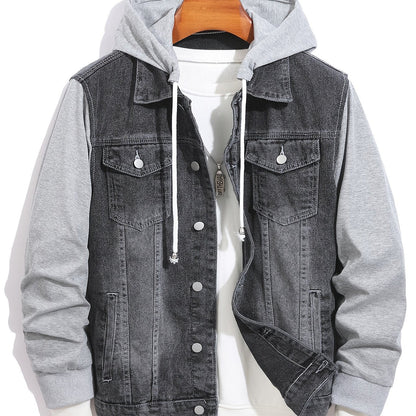 Herren Jeansjacke mit Kapuze Denim und Sweatstoff Ärmel Grau