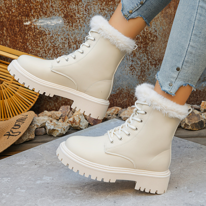 Damen Schnürstiefel mit Kunstfellbesatz und Profilsohle