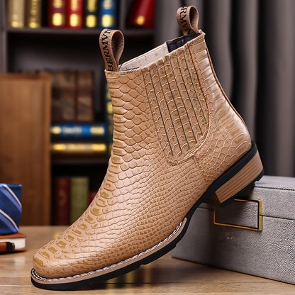 Herren Stiefelette Kroko-Prägung Quadratische Spitze Elastikeinsätze