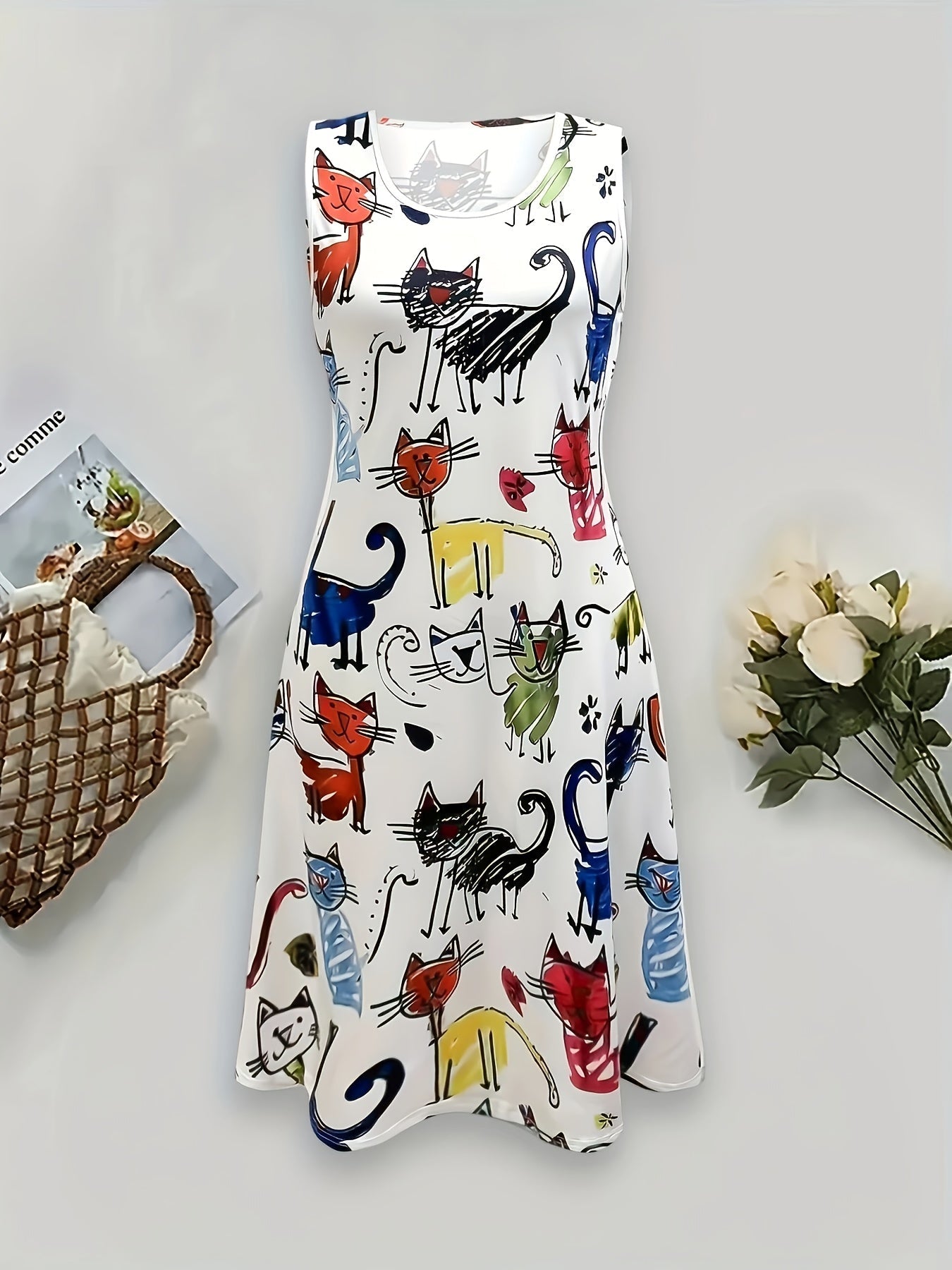 Damen Sommerkleid mit Katzen-Print, lässig und verspielt für Alltag und Freizeit