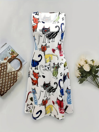 Damen Sommerkleid mit Katzen-Print, lässig und verspielt für Alltag und Freizeit