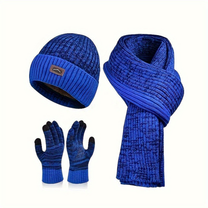 Unisex Wintermütze Schal Handschuhe Set, Gestrickt mit Innenfutter, Grau Melange