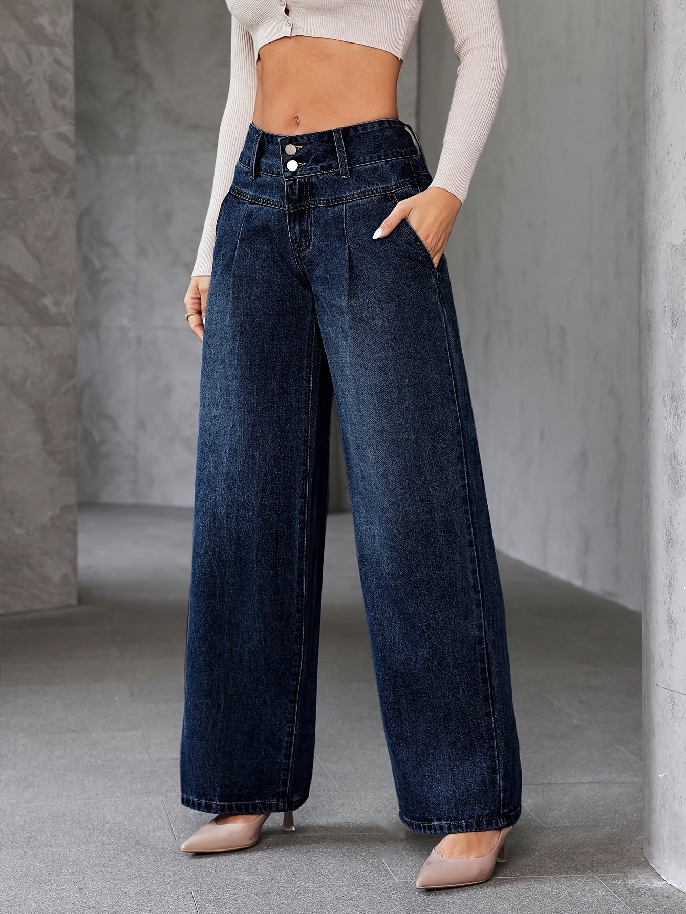Damen Weitbein Jeans High Waist Elegant Freizeitmode