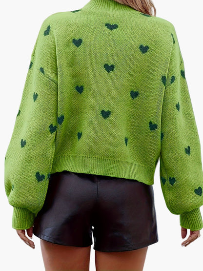 Damen Pullover mit Herzmuster und Ballonärmeln – Lässiger Strick für Alltag und Freizeit