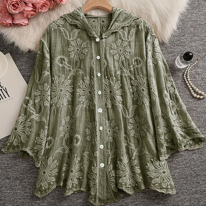 Damen Bluse Langarm mit Kapuze, Besticktes Blumenmuster, Knopfleiste