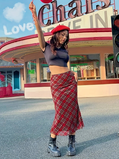 Damen Maxirock im Karierten Vintage-Stil – Elegant, Alltag & Freizeit