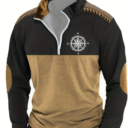 Herren Halbarm-Pullover mit Reißverschluss, Kompass-Motiv & Ellbogen-Patches, Zweifarbig