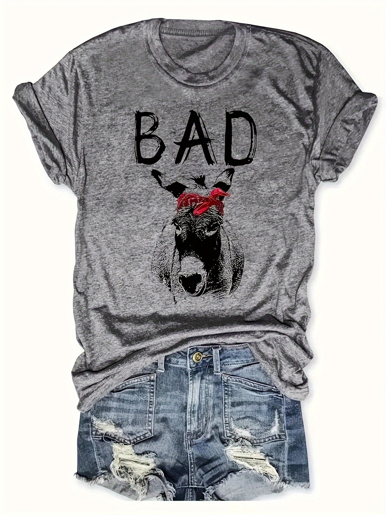 Damen T-Shirt mit Esel-Print und 'BAD' Statement – Lustiges Freizeitshirt, Casual Streetstyle