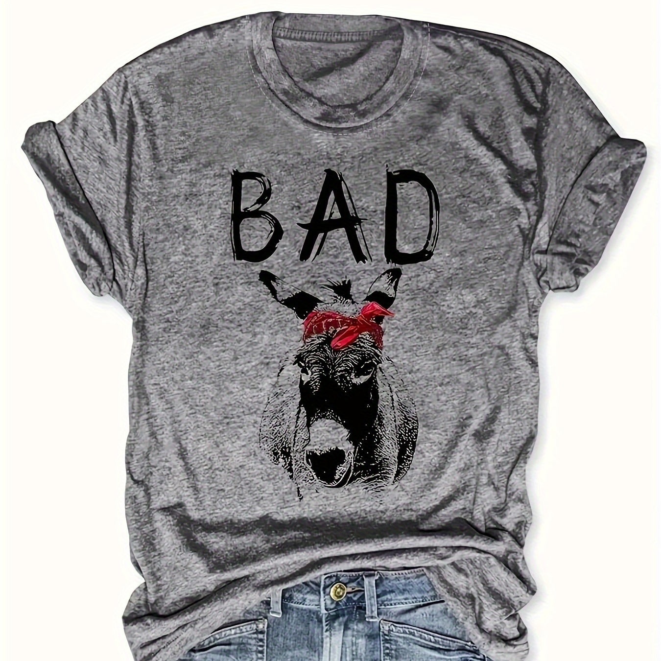 Damen T-Shirt mit Esel-Print und 'BAD' Statement – Lustiges Freizeitshirt, Casual Streetstyle