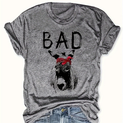 Damen T-Shirt mit Esel-Print und 'BAD' Statement – Lustiges Freizeitshirt, Casual Streetstyle