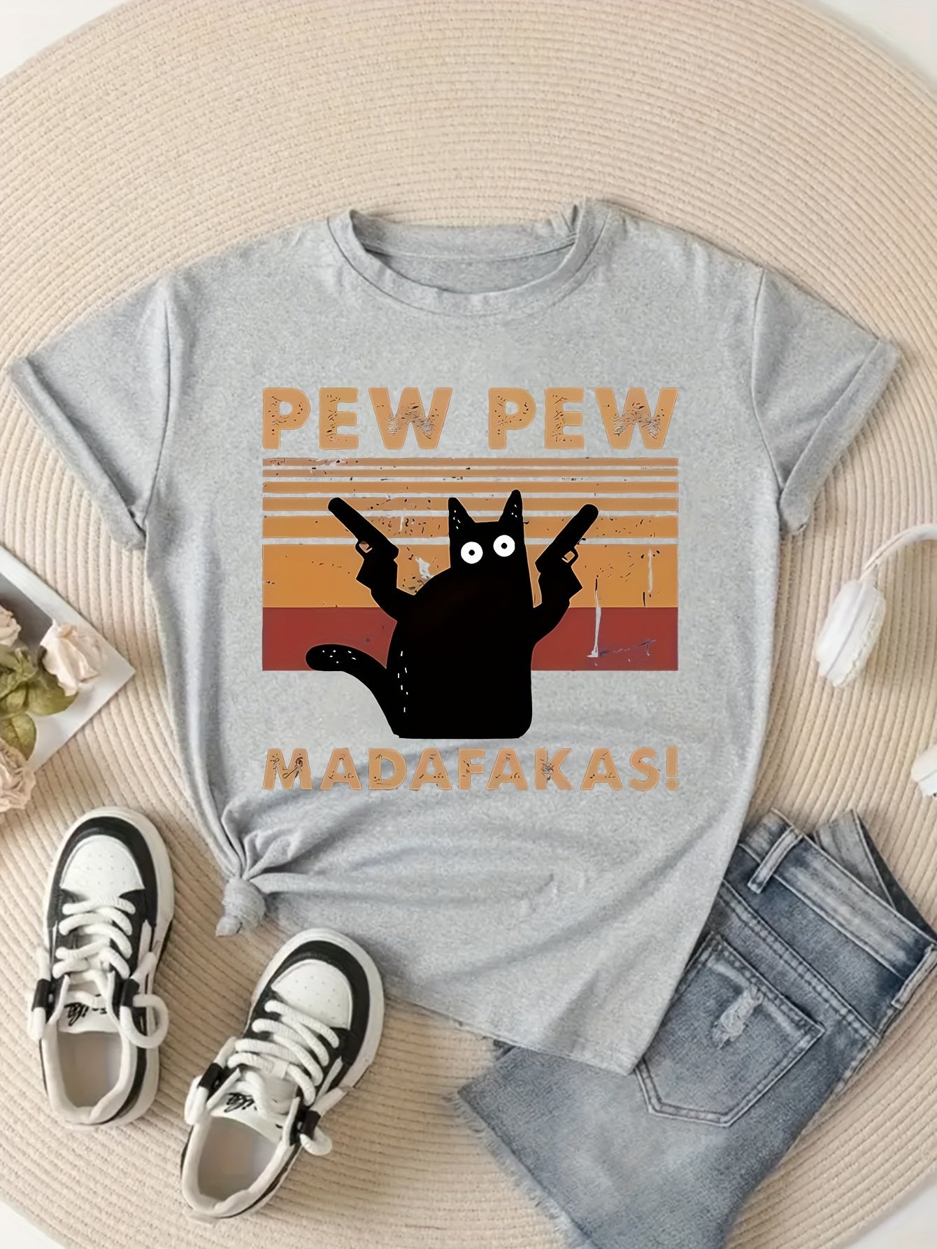Damen T-Shirt mit lustigem Cat Cartoon Spruch – Vintage Stil, Freizeit, Geschenkidee