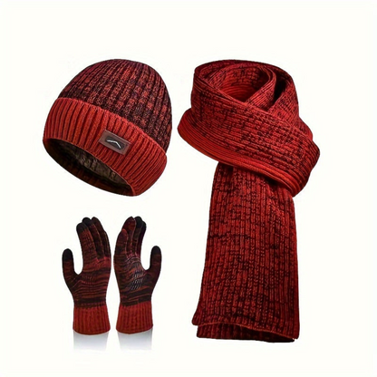 Unisex Wintermütze Schal Handschuhe Set, Gestrickt mit Innenfutter, Grau Melange