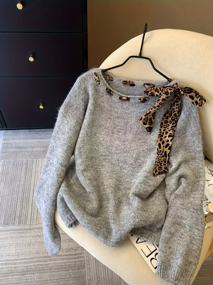 Damen Pullover Rundhals mit Leopardenmuster-Schleife